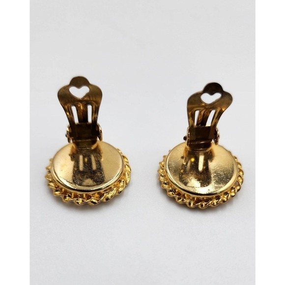 Vintage Round Mosaic Clip Back Floral Earrings Gold Tone - Picture 5 of 7